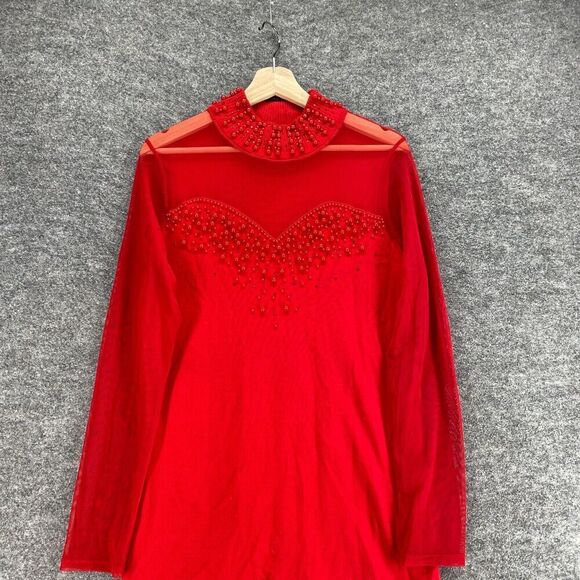 Unbranded Blouse Women M Medium Red Rhinestone Long Sleeve High Neck Pullover - Picture 3 of 7